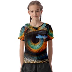 Eye Bird Feathers Vibrant Kids  Frill Chiffon Blouse