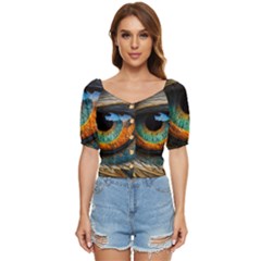 Eye Bird Feathers Vibrant Button Up Blouse