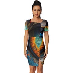 Eye Bird Feathers Vibrant Fitted Knot Split End Bodycon Dress