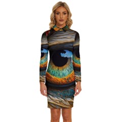 Eye Bird Feathers Vibrant Long Sleeve Shirt Collar Bodycon Dress