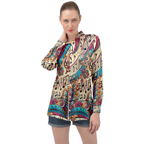 Paisley Print Musical Notes Long Sleeve Satin Shirt by RiverRootz