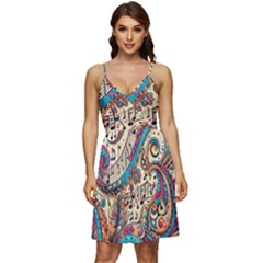 Paisley Print Musical Notes V-neck Pocket Summer Dress 