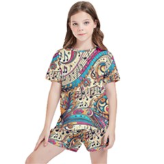 Paisley Print Musical Notes Kids  T-shirt And Sports Shorts Set