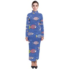 Sea Fish Blue Submarine Animals Patteen Turtleneck Maxi Dress