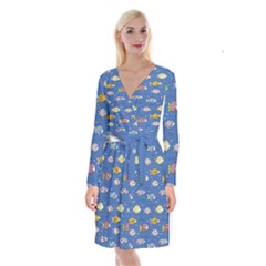 Sea Fish Blue Submarine Animals Patteen Long Sleeve Velvet Front Wrap Dress