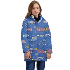 Sea Fish Blue Submarine Animals Patteen Kids  Hooded Longline Puffer Jacket