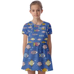 Sea Fish Blue Submarine Animals Patteen Kids  Short Sleeve Pinafore Style Dress