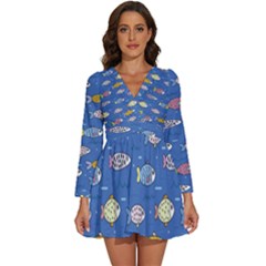 Sea Fish Blue Submarine Animals Patteen Long Sleeve V-neck Chiffon Dress 