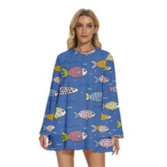 Sea Fish Blue Submarine Animals Patteen Round Neck Long Sleeve Bohemian Style Chiffon Mini Dress