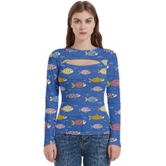 Sea Fish Blue Submarine Animals Patteen Women s Cut Out Long Sleeve T-shirt