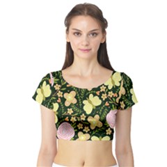 Flowers Rose Blossom Pattern Short Sleeve Crop Top