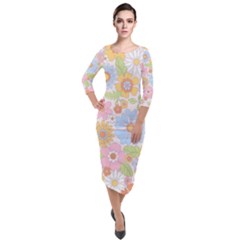 Pattern Background Vintage Floral Quarter Sleeve Midi Velour Bodycon Dress