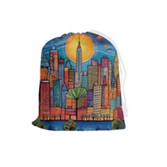 City New York Nyc Skyscraper Skyline Downtown Night Business Urban Travel Landmark Building Architec Drawstring Pouch (large)