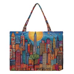 City New York Nyc Skyscraper Skyline Downtown Night Business Urban Travel Landmark Building Architec Medium Tote Bag by Posterlux