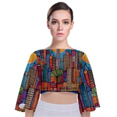 City New York Nyc Skyscraper Skyline Downtown Night Business Urban Travel Landmark Building Architec Tie Back Butterfly Sleeve Chiffon Top