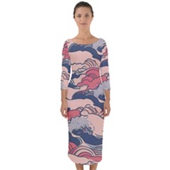 Waves Ocean Sea Water Pattern Rough Seas Digital Art Nature Nautical Quarter Sleeve Midi Bodycon Dress