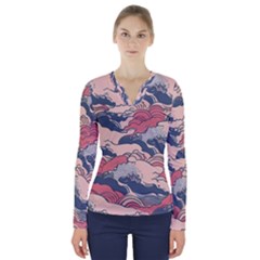 Waves Ocean Sea Water Pattern Rough Seas Digital Art Nature Nautical V-neck Long Sleeve Top