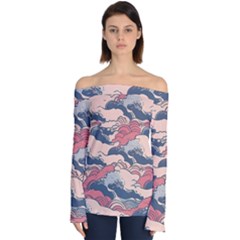 Waves Ocean Sea Water Pattern Rough Seas Digital Art Nature Nautical Off Shoulder Long Sleeve Top