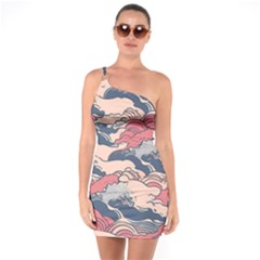 Waves Ocean Sea Water Pattern Rough Seas Digital Art Nature Nautical One Shoulder Ring Trim Bodycon Dress