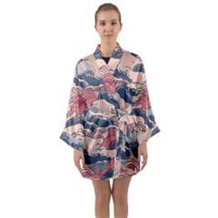 Waves Ocean Sea Water Pattern Rough Seas Digital Art Nature Nautical Long Sleeve Satin Kimono