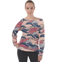 Waves Ocean Sea Water Pattern Rough Seas Digital Art Nature Nautical Off Shoulder Long Sleeve Velour Top