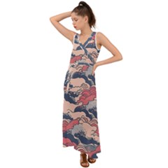 Waves Ocean Sea Water Pattern Rough Seas Digital Art Nature Nautical V-neck Chiffon Maxi Dress