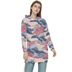 Waves Ocean Sea Water Pattern Rough Seas Digital Art Nature Nautical Women s Long Oversized Pullover Hoodie