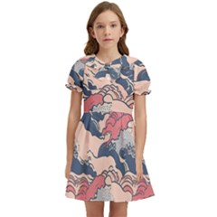 Waves Ocean Sea Water Pattern Rough Seas Digital Art Nature Nautical Kids  Bow Tie Puff Sleeve Dress