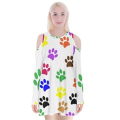 Pawprints Paw Prints Paw Animal Velvet Long Sleeve Shoulder Cutout Dress