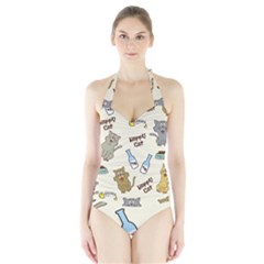 Happy Cats Pattern Background Halter Swimsuit