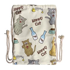 Happy Cats Pattern Background Drawstring Bag (Large)