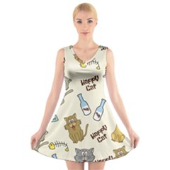 Happy Cats Pattern Background V-neck Sleeveless Dress