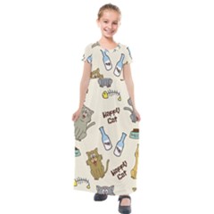 Happy Cats Pattern Background Kids  Short Sleeve Maxi Dress