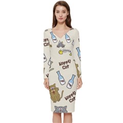 Happy Cats Pattern Background Long Sleeve V-Neck Bodycon Dress 