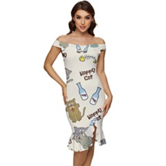 Happy Cats Pattern Background Off Shoulder Ruffle Split Hem Bodycon Dress