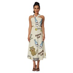 Happy Cats Pattern Background Sleeveless Cross Front Cocktail Midi Chiffon Dress