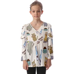 Happy Cats Pattern Background Kids  V Neck Casual Top