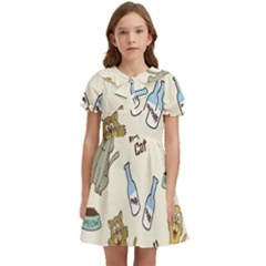 Happy Cats Pattern Background Kids  Bow Tie Puff Sleeve Dress