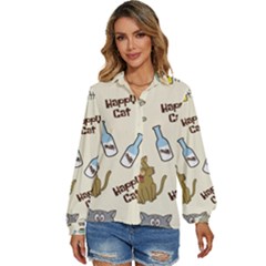 Happy Cats Pattern Background Women s Long Sleeve Button Up Shirt