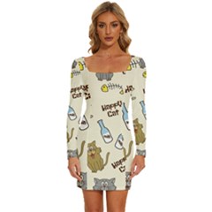 Happy Cats Pattern Background Long Sleeve Square Neck Bodycon Velvet Dress