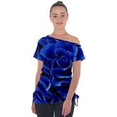 Blue Roses Flowers Plant Romance Blossom Bloom Nature Flora Petals Off Shoulder Tie-up T-shirt