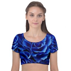 Blue Roses Flowers Plant Romance Blossom Bloom Nature Flora Petals Velvet Short Sleeve Crop Top 