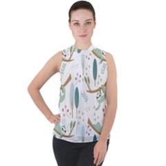 Pattern Sloth Woodland Mock Neck Chiffon Sleeveless Top