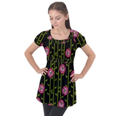 Abstract Rose Garden Puff Sleeve Tunic Top