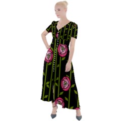 Abstract Rose Garden Button Up Short Sleeve Maxi Dress