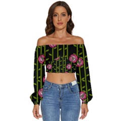 Abstract Rose Garden Long Sleeve Crinkled Weave Crop Top