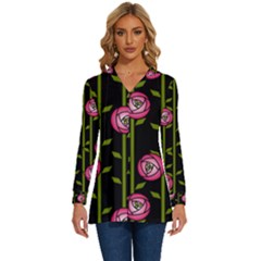 Abstract Rose Garden Long Sleeve Drawstring Hooded Top