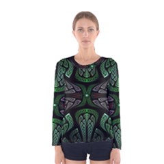 Fractal Green Black 3d Art Floral Pattern Women s Long Sleeve T-shirt