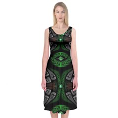 Fractal Green Black 3d Art Floral Pattern Midi Sleeveless Dress