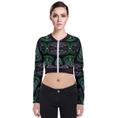 Fractal Green Black 3d Art Floral Pattern Long Sleeve Zip Up Bomber Jacket